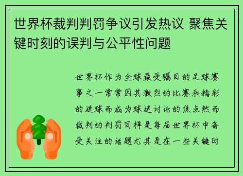 世界杯裁判判罚争议引发热议 聚焦关键时刻的误判与公平性问题